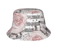Cappello Da Secchio Pink Flowers And Leaves On Gray With Stripe Flower