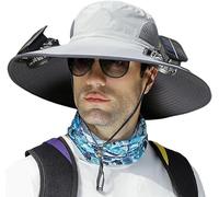 Cappello da sole a tesa larga con 2 ventilatori solari, cappello da pescatore per uomo e donna, UPF 50+, cappello da pesca e spiaggia con ventilatore integrato, Z-grigio chiaro, Medium-XX-Large