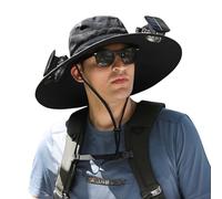 Cappello da sole a tesa larga con 2 ventilatori solari, cappello da pescatore per uomo e donna, UPF 50+, cappello da pesca e spiaggia con ventilatore integrato, Nero, Medium-XX-Large