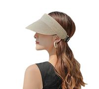 Cappello da Sole con Visiera da Donna Cappelli di Paglia da Spiaggia a Tesa Larga Cappello con Visiera Parasole con Protezione UV Arrotolabile UPF50 + Cappello a Coda di Cavallo per Le Donne Beige