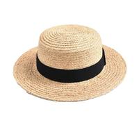 Cappello da sole da donna in paglia naturale, con fiocco e fiocco, piatto, da viaggio, da spiaggia, Cappello con nastro nero, 6 7/8 / 7 1/8