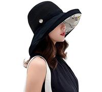 Cappello da sole da donna, in rete, protezione dai raggi UV, UPF, ripiegabile, a tesa larga, sottogola - Nero - M