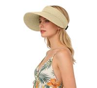 Cappello da sole originale, cappello da donna, pieghevole, estivo, con tesa larga, cappello pieghevole a coda di cavallo, per viaggi, 47, beige., Taglia unica
