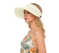 Cappello da sole originale, cappello da donna, pieghevole, estivo, con tesa larga, cappello pieghevole a coda di cavallo, per viaggi, 47, bianco, Taglia unica