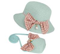 Cappello da Sole per Bambina Cappello di Paglia Cappello da Spiaggia Estivo e Mini Set di Borse con Decorazione a Fiocco per Viaggio Vacanze attività All'aperto (Verde Menta)