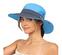 Cappello da sole per donne estivo, protezione UV, cappello da spiaggia a tesa larga, in rete, cappello da pesca con foro per la coda di cavallo, pieghevole, compatto, Blu, M