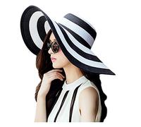 Cappello da spiaggia da donna, cappello da sole a tesa larga, cappello di paglia pieghevole, arrotolabile, cappello da spiaggia a tesa grande, cappello estivo (nero), Nero e bianco, 23 EU