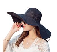 Cappello da spiaggia da donna, cappello da sole a tesa larga, cappello di paglia pieghevole, arrotolabile, cappello da spiaggia a tesa grande, cappello estivo (nero), Nero , 23 EU