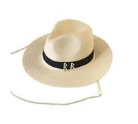 Cappello Da Spiaggia Donna Cappello da sole con catena in metallo e lettera, donna, uomo, estivo, for vacanze all'aperto, spiaggia, protezione solare, cappello di paglia(Beige,56-58cm)