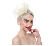Cappello da sposa con piume, copricapo in rete, for donna, cocktail, tè, festa, fiori(Beige)