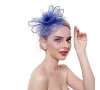 Cappello da sposa con piume, copricapo in rete, for donna, cocktail, tè, festa, fiori(Blue)