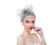 Cappello da sposa con piume, copricapo in rete, for donna, cocktail, tè, festa, fiori(Grey)