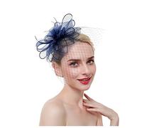 Cappello da sposa con piume, copricapo in rete, for donna, cocktail, tè, festa, fiori(Navy)
