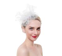 Cappello da sposa con piume, copricapo in rete, for donna, cocktail, tè, festa, fiori(White)