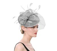 Cappello da sposa con piume, for chiesa, copricapo in rete, for donna, cappello cocktail, for feste(Grey)