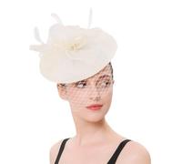 Cappello da sposa con piume, for chiesa, copricapo in rete, for donna, cappello cocktail, for feste(White)