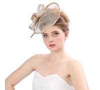 Cappello da sposa in rete con piume fascinator alla moda per feste e cappelli da baseball per la spiaggia, cachi, Taglia unica