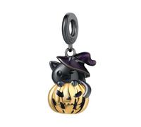 Cappello da Strega Ciondolo Gatto Nero e Zucca Fascino, Genuino 925 Perline in Argento Sterling Fascino, Compatibile con per Braccialetto Pandora