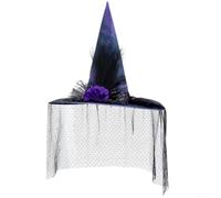 Cappello da strega da donna, 45,7 cm, per feste di Halloween | Rosette floreali, dettagli in piuma, classica forma appuntita, 45,7 x 43,2 cm, materiale in poliestere