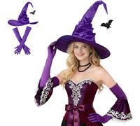 Cappello da strega da donna, nero, per Halloween, con ciondolo a pipistrello e guanti lunghi, set di cappelli magici per carnevale, cosplay, feste, accessori per adulti e donne (viola)