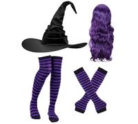 Cappello da strega da donna, per Halloween, carnevale, 4 pezzi, viola, con parrucche lunghe e ricce, calze lunghe e scaldamani per donne e ragazze