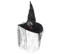Cappello da strega di Halloween con pizzo nero, accenti a mano di ragno e teschio, 40,1 x 42,9 cm, accessorio gotico per cosplay ed eventi festivi, design rosa scuro e pieghettato, poliestere leggero