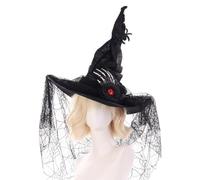 Cappello da strega di Halloween | Copricapo a punta in pizzo a tesa larga in pizzo | Cappello da strega con ossa di dita, pizzo e ragno | Per il ballo, la palla mascherata, l'evento, le decorazioni