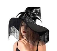 Cappello da strega illuminato cappello da mago con frange e nappe a punta con piume, copricapo per Halloween, cappello da mago a tesa larga, accessorio per cosplay, costume di Halloween