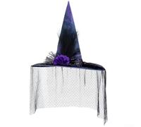 Cappello da strega in poliestere con design a rete, fiori artificiali, decorazioni con piume e bordo in filo di memoria per ritenzione della forma alle funzioni di Halloween