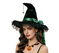 Cappello da strega in velluto e pizzo, a tesa larga, stile gotico | Oxford panno velluto pizzo tesa larga fiocco dettaglio stile gotico per cosplay medievale festa di Halloween eventi a tema