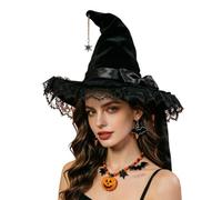 Cappello da strega in velluto e pizzo, a tesa larga, stile gotico | Oxford panno velluto pizzo tesa larga fiocco dettaglio stile gotico per cosplay medievale festa di Halloween eventi a tema