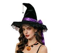 Cappello da strega in velluto e pizzo, a tesa larga, stile gotico | Oxford panno velluto pizzo tesa larga fiocco dettaglio stile gotico per cosplay medievale festa di Halloween eventi a tema
