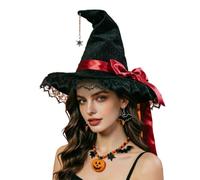 Cappello da strega in velluto e pizzo, a tesa larga, stile gotico | Oxford panno velluto pizzo tesa larga fiocco dettaglio stile gotico per cosplay medievale festa di Halloween eventi a tema