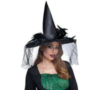 Cappello Da Strega Nero Alto Con Piume + Velo Costume Di Halloween Per Donne