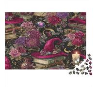 Cappello da strega, rosa, libro di incantesimi 1000pcs (75x50cm) - Candela e luna crescente Puzzle Per Adulti Giocattolo Fai-da-te