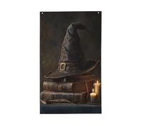 Cappello da strega sulla parte superiore dei libri, bandiere per la casa da cortile, 0,9 x 1,5 m, striscione con occhielli per interni ed esterni, decorazioni per la casa