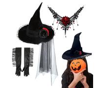 Cappello da stregone nero - fascia da strega in pizzo festoso | Cappello da strega multifunzionale Collana rosa | di travestimento per abiti da costume, cosplay, decorazioni del portico