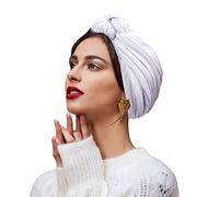 Cappello da turbante da donna turbante africano avvolgere la testa sciarpa elasticizzata nodo fiore cofano pre-legato berretto berretto copricapo sonno chemio cappello, bianco, Taglia unica