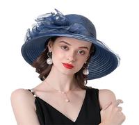 Cappello derby in organza da donna, a tesa larga, per matrimoni, chiesa, kentucky, tea party, estate, sole, fascinator, Navy Con Decorazione Fiore, M
