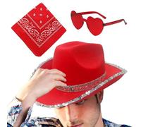 Cappello di Babbo Natale,Cappello da cowgirl di Natale | Cappelli da festa | 3x Occhiali a cuore Cappello a tesa larga, Cappello da cowgirl Regolabile Bandana Vintage, Accessori Costume