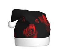 Cappello di Babbo Natale con stampa di rosa rossa e sfondo nero, per adulti, cappello per feste di Natale, decorazioni natalizie