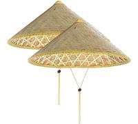 Cappello di bambù da 2 pezzi da 14 pollici, cappello di riso Bambù conico orientale cinese con corda regolabile, berretto da pioggia turistico in paglia di riso intrecciato per la pesca contadina
