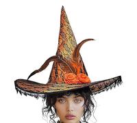 Cappello di Halloween, costume da mago di Halloween, cappello per adulti con tesa in pizzo, decorazione con piume di rose, mago, cosplay, costume per feste di Halloween da donna