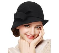 Cappello di lana anni 20 da donna, cappello da chiesa, cappello Gatsby per l'inverno, cappello a cilindro in feltro vintage con fiocco (M/L), Nero , Medium