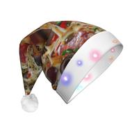 Cappello di Natale con stampa di pizza a LED, cappello di Natale in morbido peluche per adulti accessori per feste di Natale Capodanno
