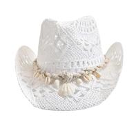 Cappello di paglia da donna con decorazione a conchiglia, per vacanze, spiaggia, cappello da sole Chapeu Panama estivo, bianco, Taglia unica