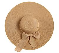 Cappello di paglia da donna con grande fiocco a tesa larga, pieghevole, arrotolabile, cappello estivo da spiaggia UPF 50+ (circonferenza della testa 56-60 cm) cachi