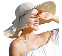 Cappello di paglia da donna con grande fiocco, pieghevole, arrotolabile, cappello da spiaggia a tesa larga, cappello estivo a tesa larga (blu), Beige, Taglia unica