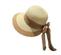 Cappello di paglia da donna pieghevole a tesa larga cappello spiaggia vacanza coda di cavallo fiocco Cap, cachi, M
