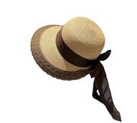 Cappello di paglia da donna pieghevole a tesa larga cappello spiaggia vacanza coda di cavallo fiocco Cap, Marrone, M